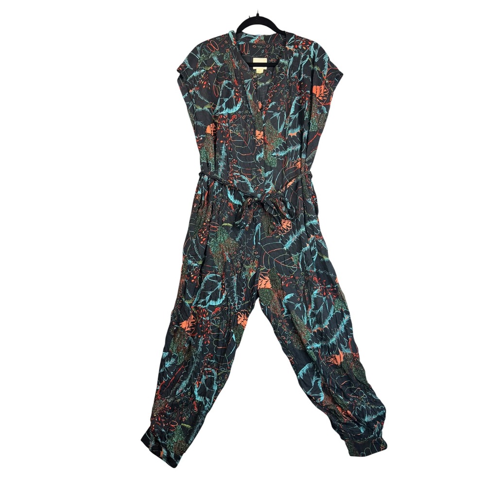Anthropologie Maeve Tropical Botanical Print Jumpsuit Black Teal Orange Small - Picture 5 of 5